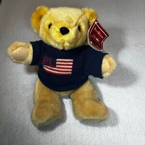 Vintage RL Ralph Lauren Polo Tan Plush Teddy Bear 1996 Jointed Flag Sweater